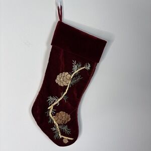MARTHA STEWART EVERYDAY Velvet Embroidered Christmas Stocking Red Pine cone EUC